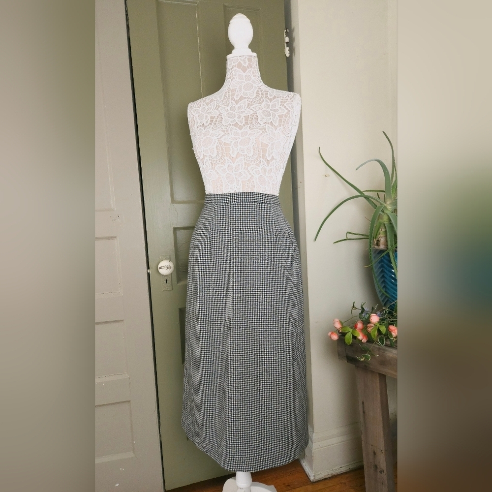 JJ Berger Houndstooth Black White Lined Midi Wool Pencil Skirt Small 28 Vintage